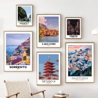 Vintage Travel City โปสเตอร์สำหรับ Santorini, Sorrento และ Senso-Ji Tokyo-ภาพวาดผ้าใบภูมิทัศน์ Nordic Wall Art สำหรับห้องนั่งเล่นตกแต่งบ้าน