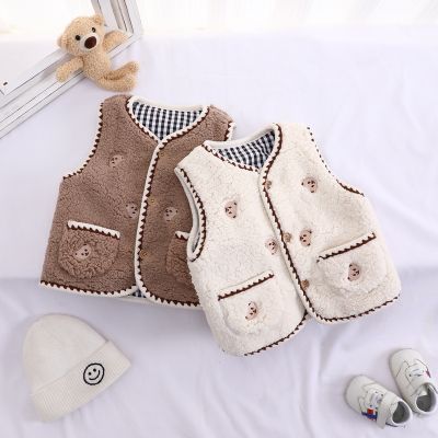 （Good baby store） Girls  39; Fleece Vest Puffy Winter Warm Sleeveless Jacket Cute Bear Lightweight Windproof Waistcoat Kids Outwear with Pockets