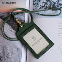 Luxury ID Badge Holders Neck Lanyard For Work Genuine Cow Leather Top End Handmade Vertical Identity Bus Card Set Luggage Tag Card Holders