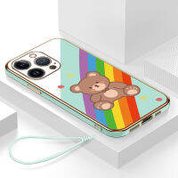 เคส iphone 14 pro กรอบสีทองชุบด้วยไฟฟ้า รวมทุกอย่าง ฝาหลัง วัสดุ TPU ป้องกันการหล่น ป้องกันการชนกัน กันน้ำ สายรัดข้อมือการ์ตูนน่ารัก เคสโทรศัพท์มือถือ