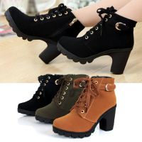 Women High Top Heel Lace Up Ankle Boots Suede Shoes Winter