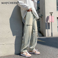 MAYCHEER กางเกงยีนส์ขาบานหลวมเกาหลีแบบมีรูมีซิปสำหรับผู้ชาย