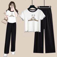 【Ready】? Summer new gentle wear a complete set of short fungus side short-sleeved T-shirt female top wide-leg pants two-piece suit