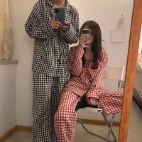 COD SDFGDERGRER Korean Style Pajamas Breathable Cotton classic cartoon couples plaid long sleeve pajamas autumn new cotton casual cardigan home