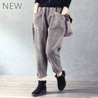 Womens Winter Pant Big Pocket Ankle-Length Vintage Black Pants High Waist Women Mom Big Size Thickening Warm Casual Trousers