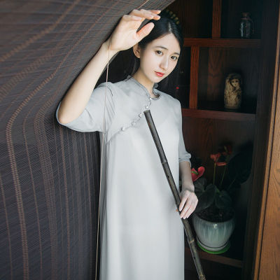 Qingshuzhai ชุดชาศิลปะชาคนเสื้อผ้าย้อนยุคฮันองค์ประกอบกลางแขนเสื้อผ้าทำสมาธิจีนชุดผู้หญิง