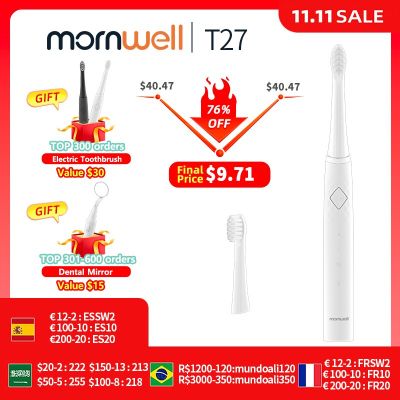 Mornwell แปรงสีฟันไฟฟ้าพลังคลื่นเสียง360อัปเกรดฐานกันน้ำพร้อมชาร์จ USB ได้4การเปลี่ยนหัวแปรง