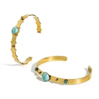 【YF】 WILD   FREE Stainless Steel PVD Gold Plated Cuff Bracelets for Women Vintage Natural Stone Turquoise Bangle Aesthetic Jewelry