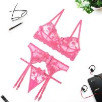 Sexy Lingerie Women Thin Transparent Lace Push up Bra Set Embroidery Bra+Garters+Thong 3 Piece Set See Through Underwear