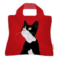 Red bottom black and white cat shopping bag folding portable eco-friendly shopping bag fashion printing portable shoulder bag printed logo 〖WYUE〗