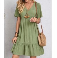 ♙■ Vintage Women A-Line Mini Dress Summer Fashion Casual V-Neck High Waist Solid Elegant Party Dresses Lady Short Sleeve Dress