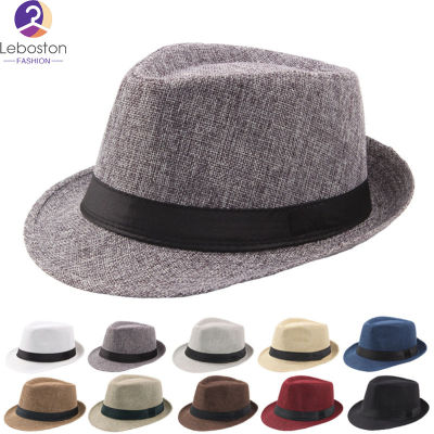Leboston (หมวก) ผู้ชายหมวกด้านบนผ้าลินินวัยกลางคนและผู้สูงอายุแจ๊สหมวกกลางแจ้งครีมกันแดดหมวกโค้งหมวกฟางดวงอาทิตย์