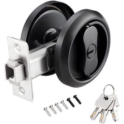 1 Set Black Entry Pocket Door Hardware Lock Stainless Steel Privacy Pocket Door Lock with Key, with Ring Pulls