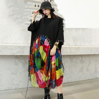 XITAO Dress Chiffon Rivet Irregular Women Patchwork Midi Dress