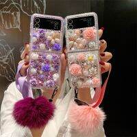 As-025เคส Galaxy เคสโทรศัพท์ขนสัตว์ข้อมือดอกไม้ประดับเพชรไข่มุกหรูหราที่เป็นเอกลักษณ์ Z พลิก5 4 3 5G F7110 F7070