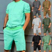 【hot seller】 cross-border mens summer tooling casual suit full set of short-sleeved sports men