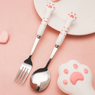 Cartoon Cat Paw Cutlery Spoon Fork Set  Portable Lunch Tableware Stainless Steel Travel Dinnerware Kitchen Tableware Accessories Flatware Sets