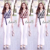 P8504 จั้มสูทแขนกุดลายทางกางเกงสีพื้น + สายผูกเอว Striped sleeveless jumpsuit, solid color pants + drawstring waist