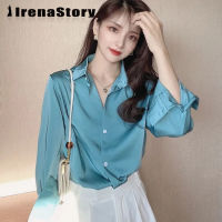 เสื้อซาตินของผู้หญิง IRENASTORY ไหมเทียมด้านบน Draping เสื้อผ้าสาวออฟฟิศแขนยาวเสื้อทรงหลวม