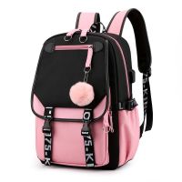 Large School for Teenage USB Port Canvas Schoolbag Student Book Fashion Pink Teen