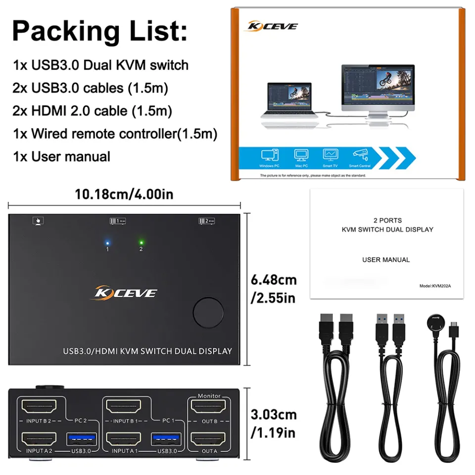 Dual Monitor KVM Switch HDMI 2 Port 4K@60Hz,MLEEDA USB HDMI