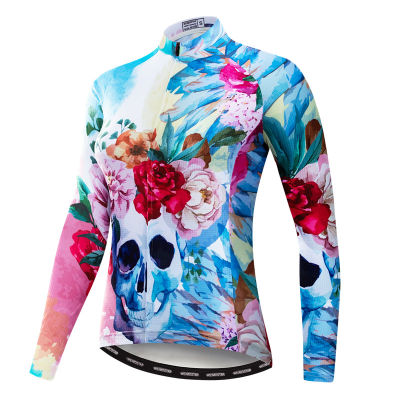 Autumn Womens Cycling Jersey Long Sleeve Skull Cycling Shirt Top Mountain Bike Clothing Spring Pro Team Bicycle Clothes