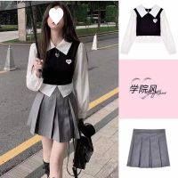 [COD] Student suit a complete set of preppy fake two-piece knit stitching pleated