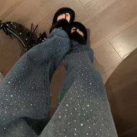 2023 Full Sky Star Hot Diamond Sparkling Diamond Embedding High Waist Jeans for Womens Autumn New Loose Casual Straight Leg Pants