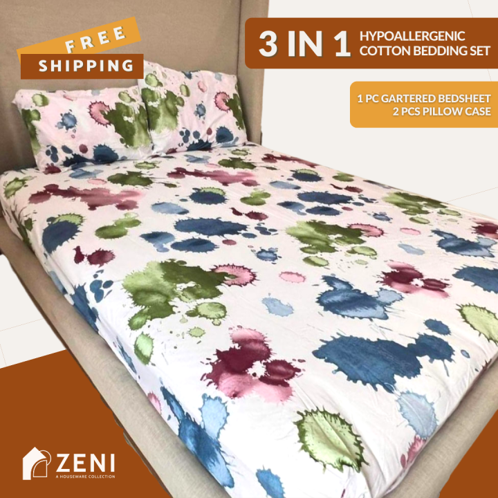 ZENI Watercolor Print Design on White Bed Sheet Cover with Garter 3 in