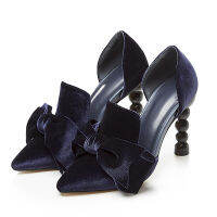 Phoentin Navy Blue ยี่ห้อ Designer รองเท้าส้นสูงผู้หญิง Pointed Toe กำมะหยี่โบว์9ซม. Stiletto Party รองเท้าปั๊มขนาด34-43 FT1009 ~