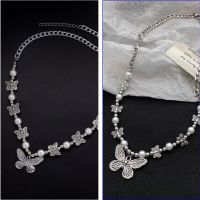 【CW】♤  2PC Antique Silver-plated Necklace String Faux Pearls Short Sweater Chain