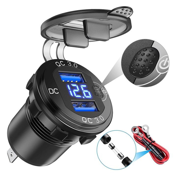 Quick Charge  Dual USB Car Charger with Voltmeter & ON/OFF Switch,36W  12V USB Outlet Fast Charger for Car Boat Marine 