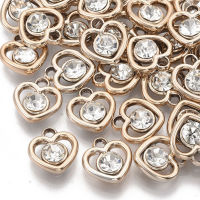 10pc UV Plating Acrylic Charms with Acrylic Rhinestone Heart Light Gold 14x13x5mm Hole: 1.8mm