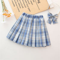 Kids Girls Pleated Skirts Summer Plaid Skirt Children Mini Short Skirts Striped Dress With Bow Tie Kid Fashion Casual Dresses