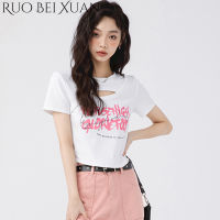 Ruo Bei Xuan เสื้อยืดแขนแขนสั้นคอกลม,เสื้อครอปสีขาวแบบไม่สม่ำเสมอสำหรับฤดูร้อน