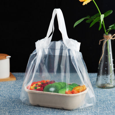 50pcs Transparent Plastic Drawstring Takeaway Food Packaging Plastic Salad Cake Storage Bag With Handle 35x25x12cm