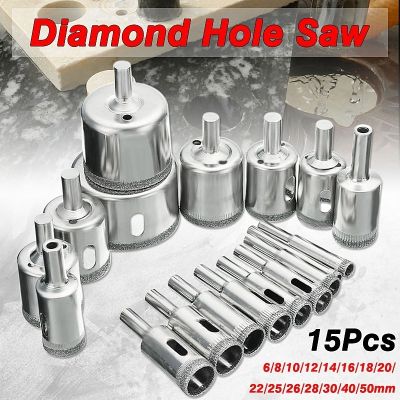 15pcsset 6mm-50mm Diamond Coated Hole Saw Drill Bit Cutter Core Shaft Tool Kit for Ceramic Porcelain Glass Marble