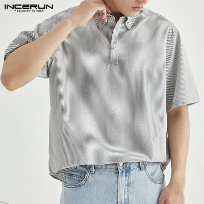 INCERUN เสื้อเชิ้ตแขนสั้นสำหรับผู้ชาย,เสื้อเชิ้ตกระดุมหน้าลายทางสำหรับใส่ไปสำนักงานเสื้อยืดทางการเสื้อเบลาส์ (สไตล์เกาหลี)