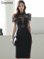 Elegant Party Dress Summer Black Sexy Perspective Lace Stand Collar Temperament High Waist Line Sheath Office Lady Dress