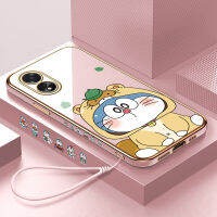 เคสใส่โทรศัพท์สำหรับฟรีสายคล้อง A38 A18 OPPO + การ์ตูนโดราเอมอนน่ารักขอบสี่เหลี่ยมลวดลายหุ้มชุบเคลือบเคสโทรศัพท์หรูหราชุบเคสโทรศัพท์นิ่ม