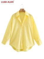 Summer Women Turndown Collar Yellow Loose Blouse Female Long Sleeve Shirt Casual Lady Tops Blusas S8868