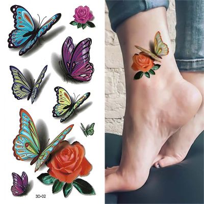 【YF】 1pcs 3D Butterfly Tattoos Stickers Rose Flower Girls Women Body Art Water Transfer Temporary Tattoo Sticker Arm Wrist Fake Tatoo