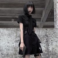 QWEEK Goth Dress Punk Gothic Harajuku ฤดูร้อนสีดำ Mini Dress เสื้อผู้หญิง2021แขนสั้น Emo เสื้อผ้า Mall Goth Dark Academia