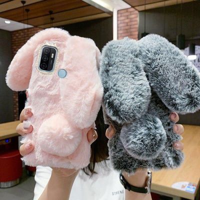 Rabbit Ears Silicone Cases For OPPO A5 A9 2020 F17 AX5 A95 A94 A93 A74 A73 A53 5G A35 A11K Diamond Soft TPU Plush Cover Caqa