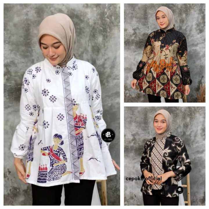 Blouse Batik Kerja Wanita Modern Baju Batik Wanita Lengan Balon Seragam ...