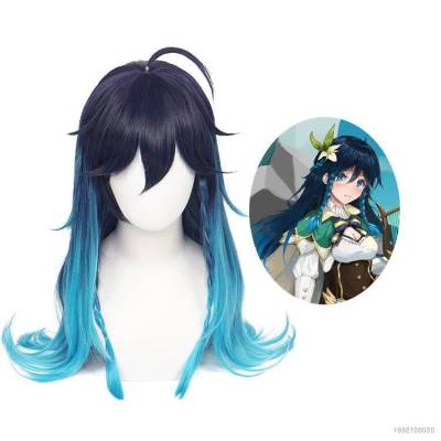 HZ Genshin Impact Girl Venti Cosplay Wig Blue Highlight Gradient Long Curly Hair Halloween Cosplay Decor ZH