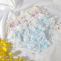 Womens Korean-Style Sweet Printed Gauze Lace Light-Colored Bow Mid-Waist Underwear