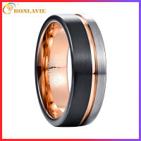 BONLAVIE 8mm Mens Rose Gold Line Tungsten Carbide] Wedding Band Black and Matte Silver Brushed Comfort Fit Size 7-12