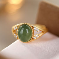 S925 Pure Silver Hetian Jade Sapphire Oval Ring Women Female Personality Delicate Open Adjustable Band Rings Jewelry