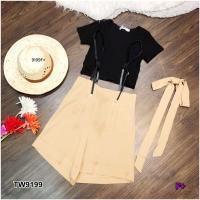 P9199 Set เอี๊ยมกางเกง + เสื้อ + สายผูกเอว Set Bib pants + shirt + waist tie